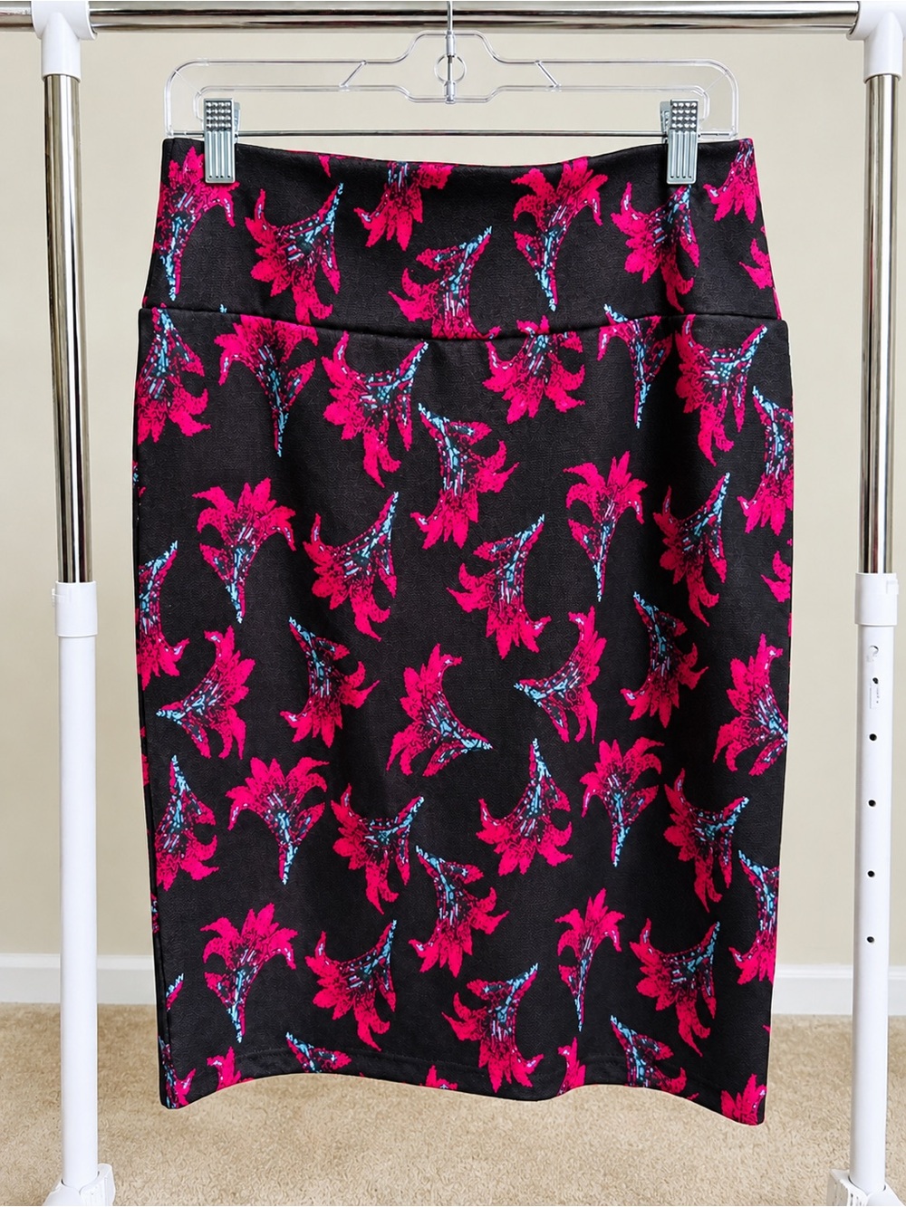 LuLaRoe Black Pencil Skirt with Bright Fuchsia Floral Print